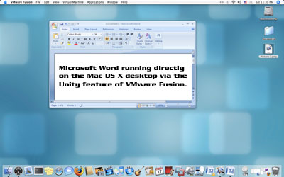 VMware Fusion's Unity feature in Mac OS X. Click here to have a larger version appear in a new tab or browser window